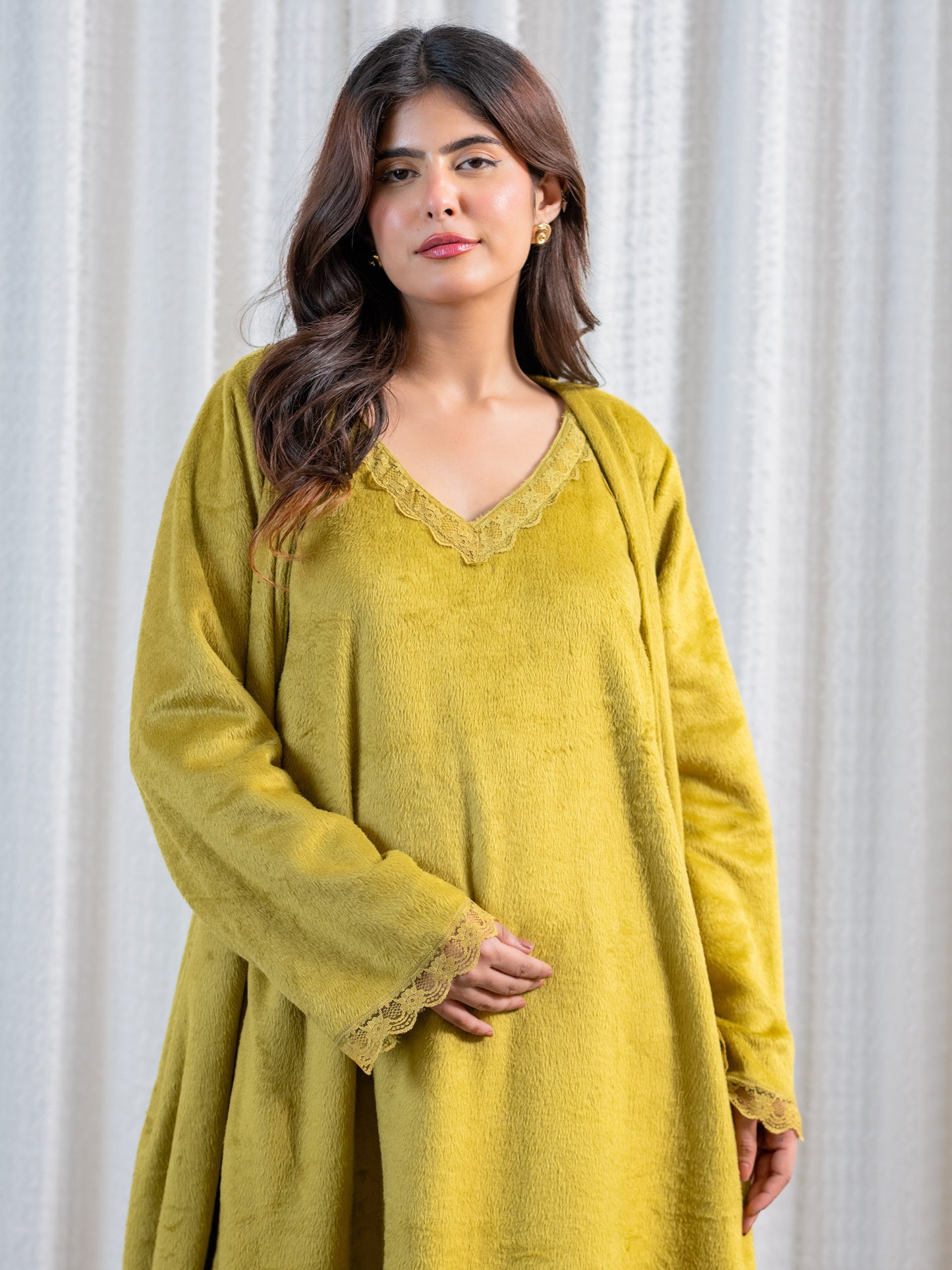 Olive Super Soft Woollen Maxi & Shrug Set
