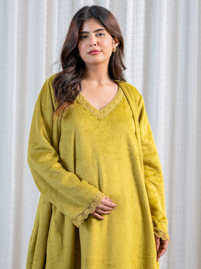 Olive Super Soft Woollen Maxi & Shrug Set