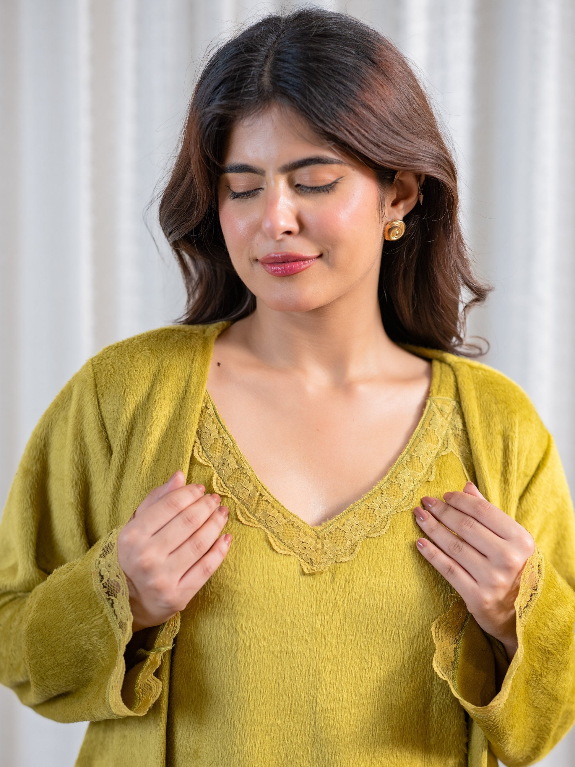 Olive Super Soft Woollen Maxi & Shrug Set