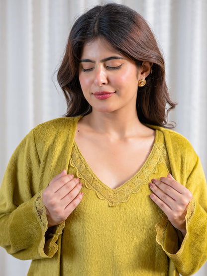 Olive Super Soft Woollen Maxi & Shrug Set