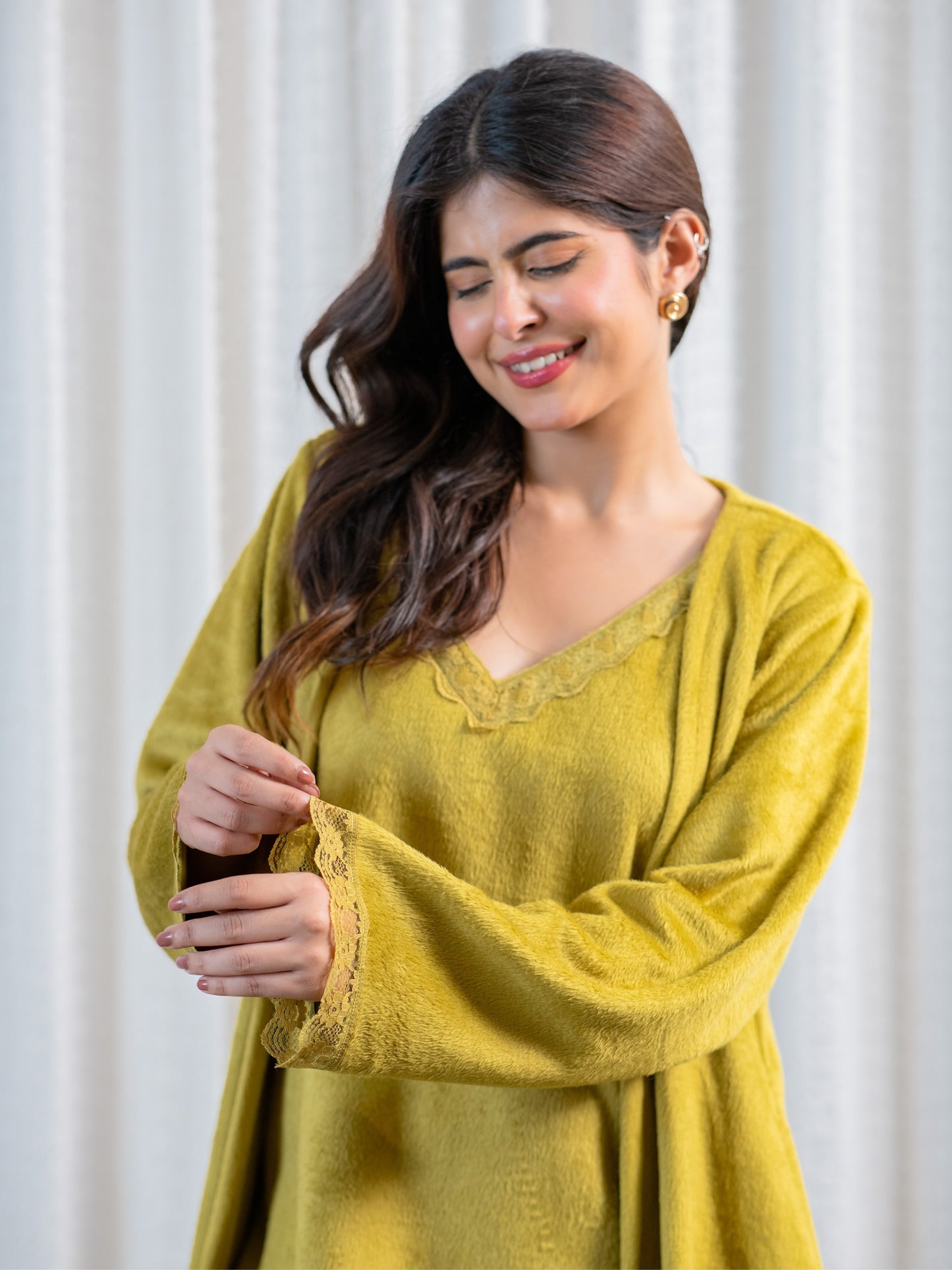 Olive Super Soft Woollen Maxi & Shrug Set