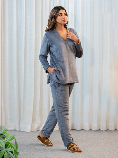 V Neck Super Soft Dark Grey Woollen Lounge Wear Set