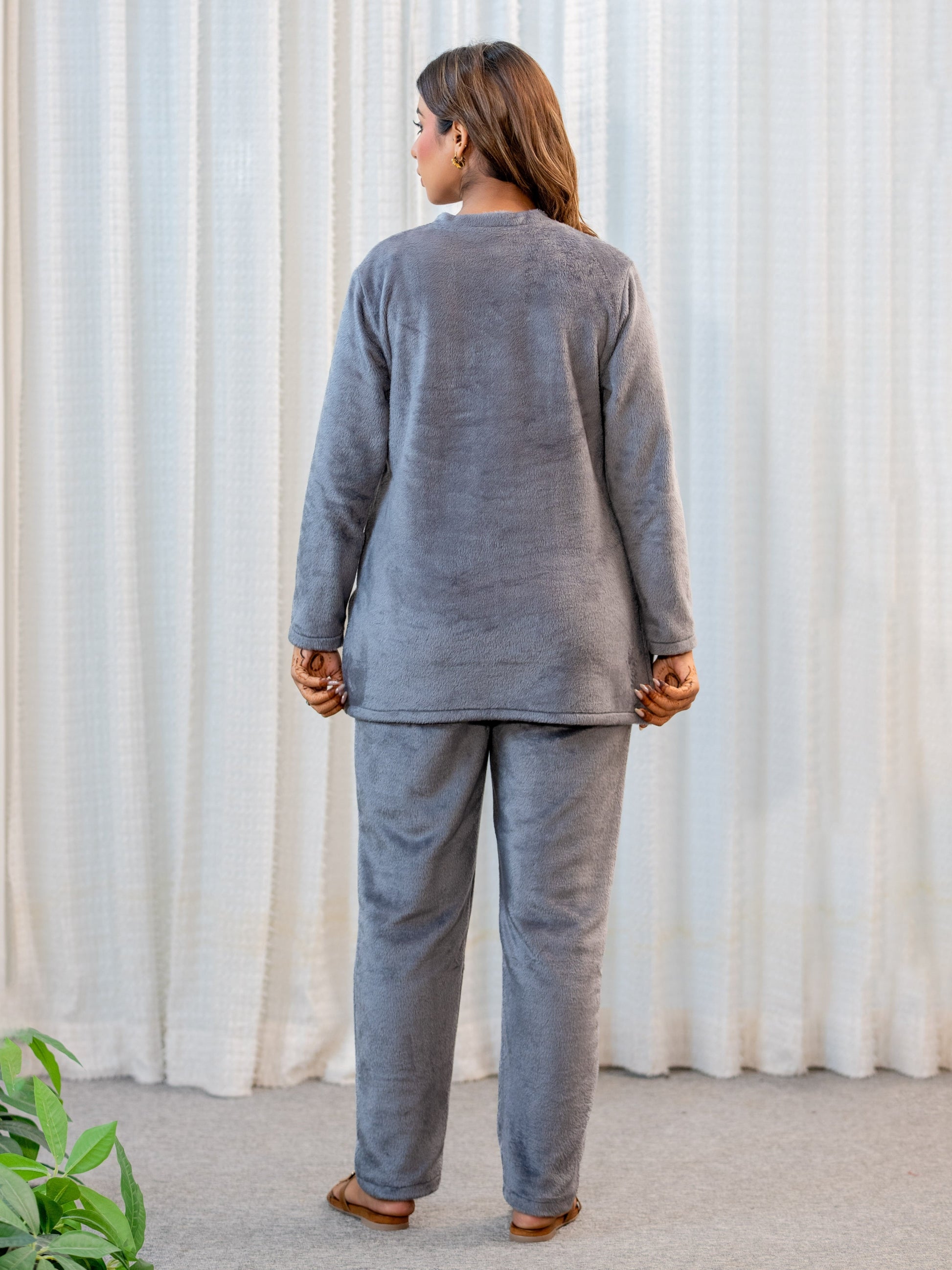 V Neck Super Soft Dark Grey Woollen Lounge Wear Set