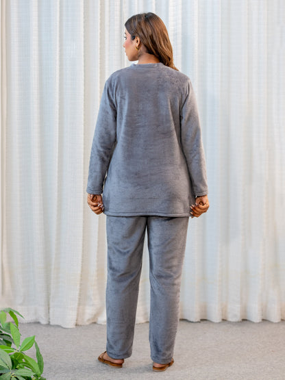 V Neck Super Soft Dark Grey Woollen Lounge Wear Set