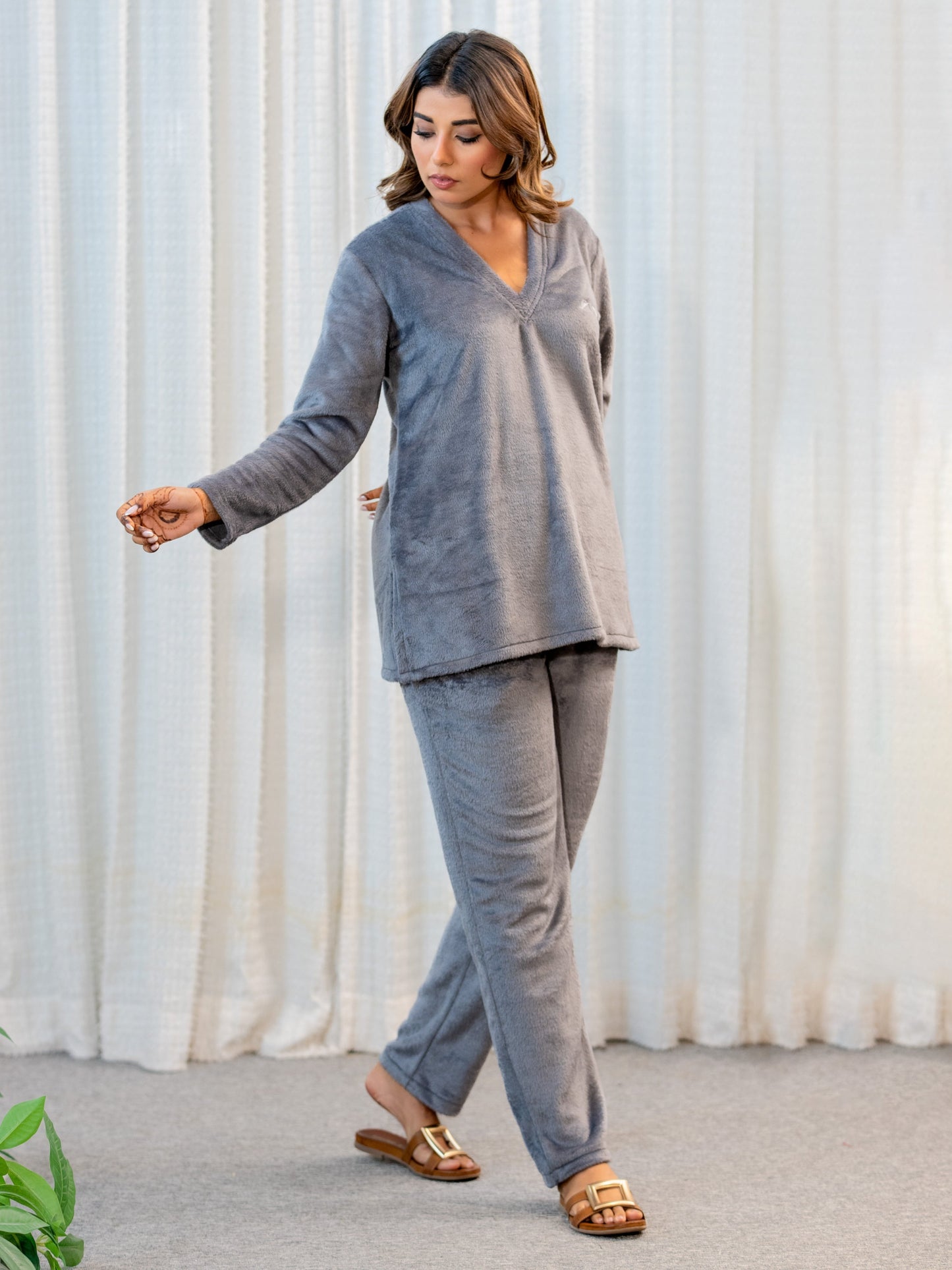 V Neck Super Soft Dark Grey Woollen Lounge Wear Set