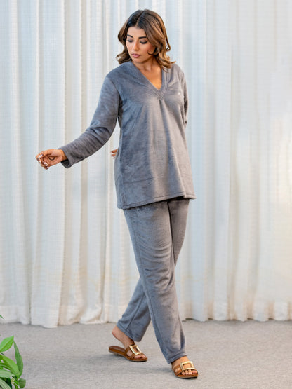 V Neck Super Soft Dark Grey Woollen Lounge Wear Set