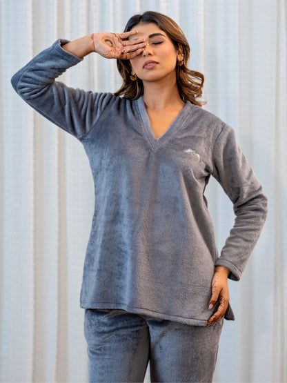 V Neck Super Soft Dark Grey Woollen Lounge Wear Set