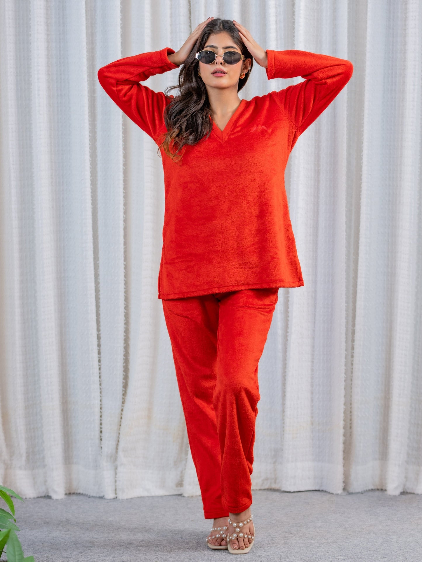V Neck Super Soft Red Woollen Lounge Wear Set
