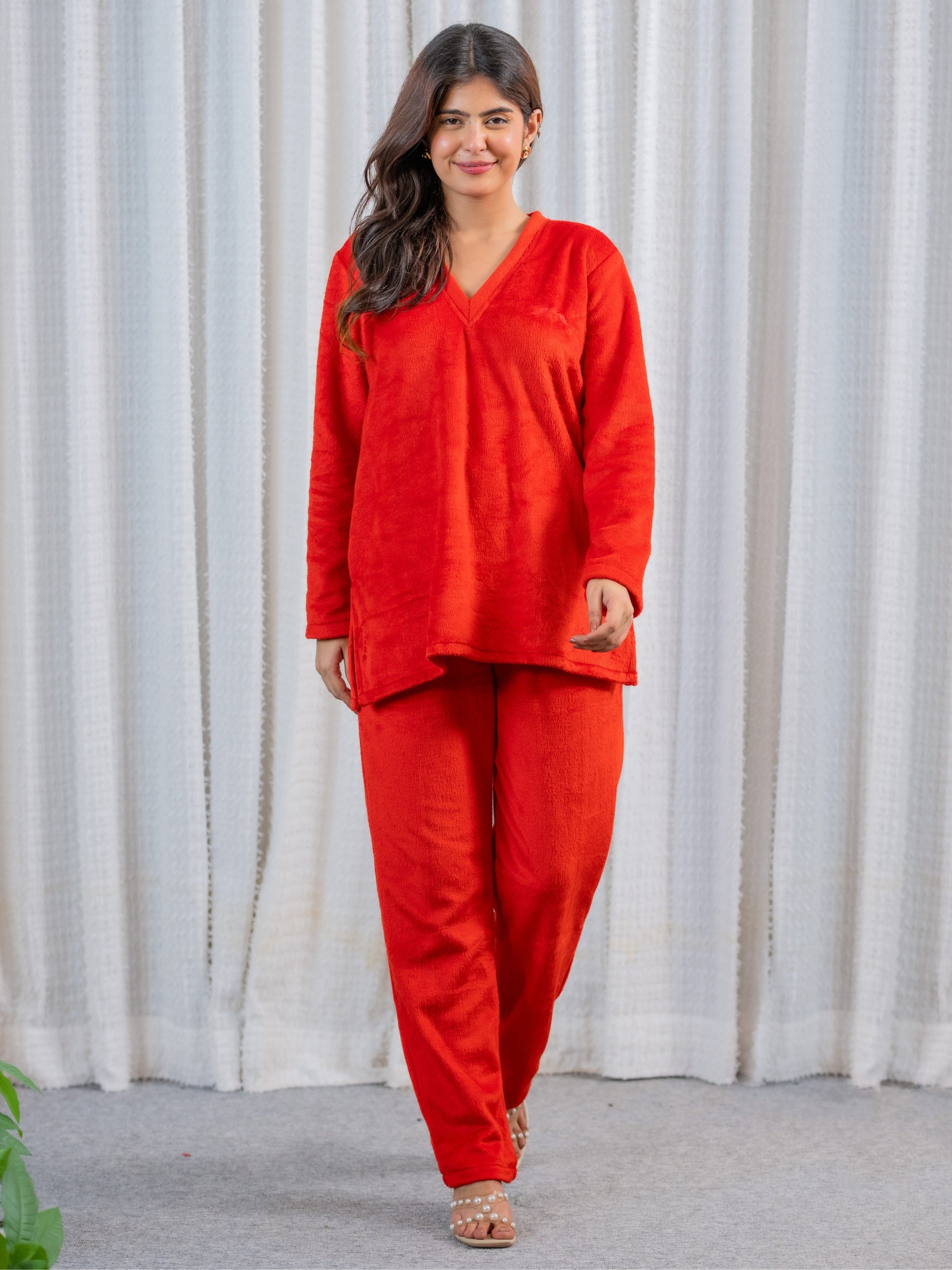 V Neck Super Soft Red Woollen Lounge Wear Set
