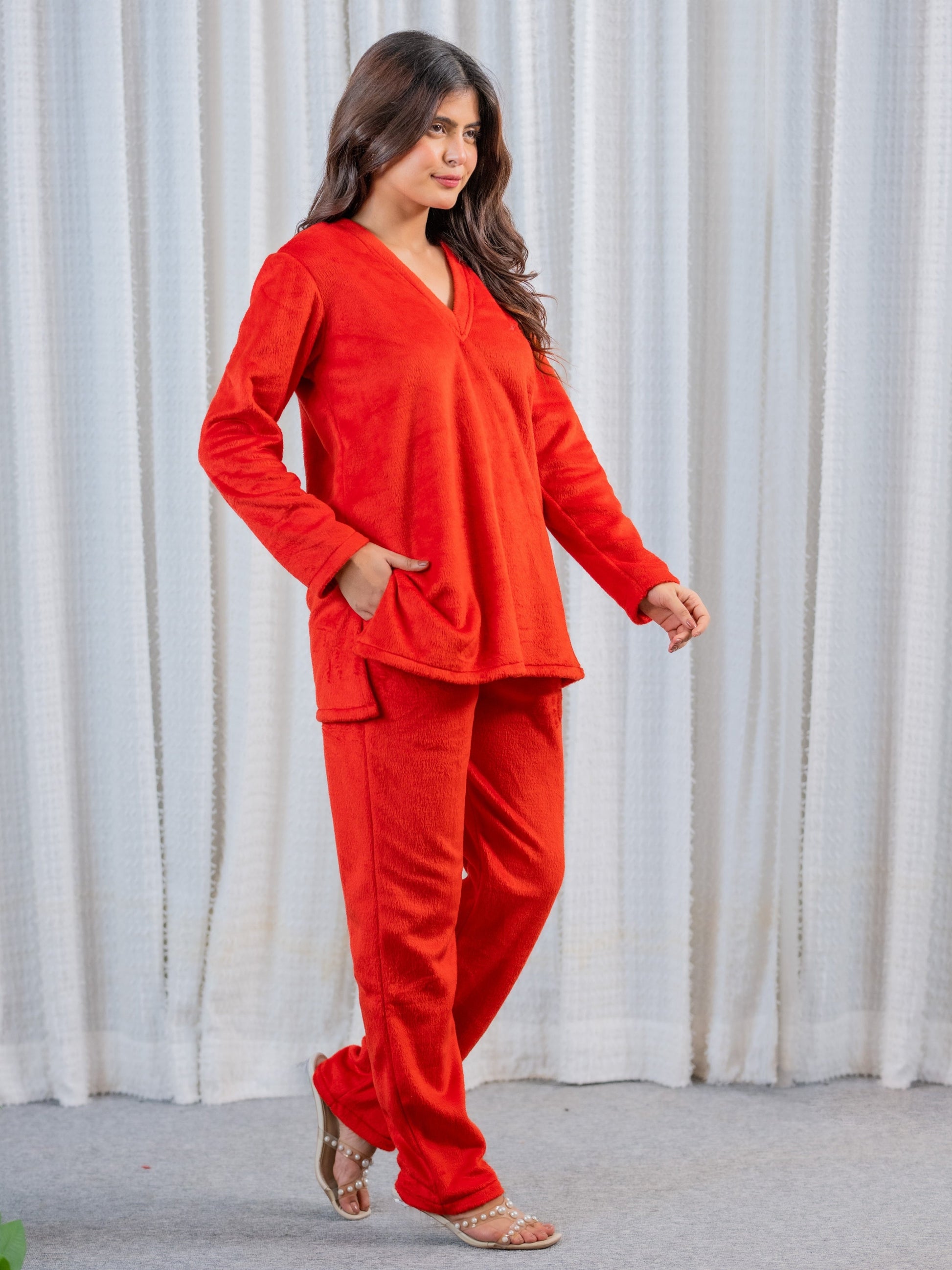 V Neck Super Soft Red Woollen Lounge Wear Set