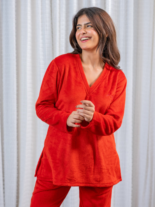 V Neck Super Soft Red Woollen Lounge Wear Set