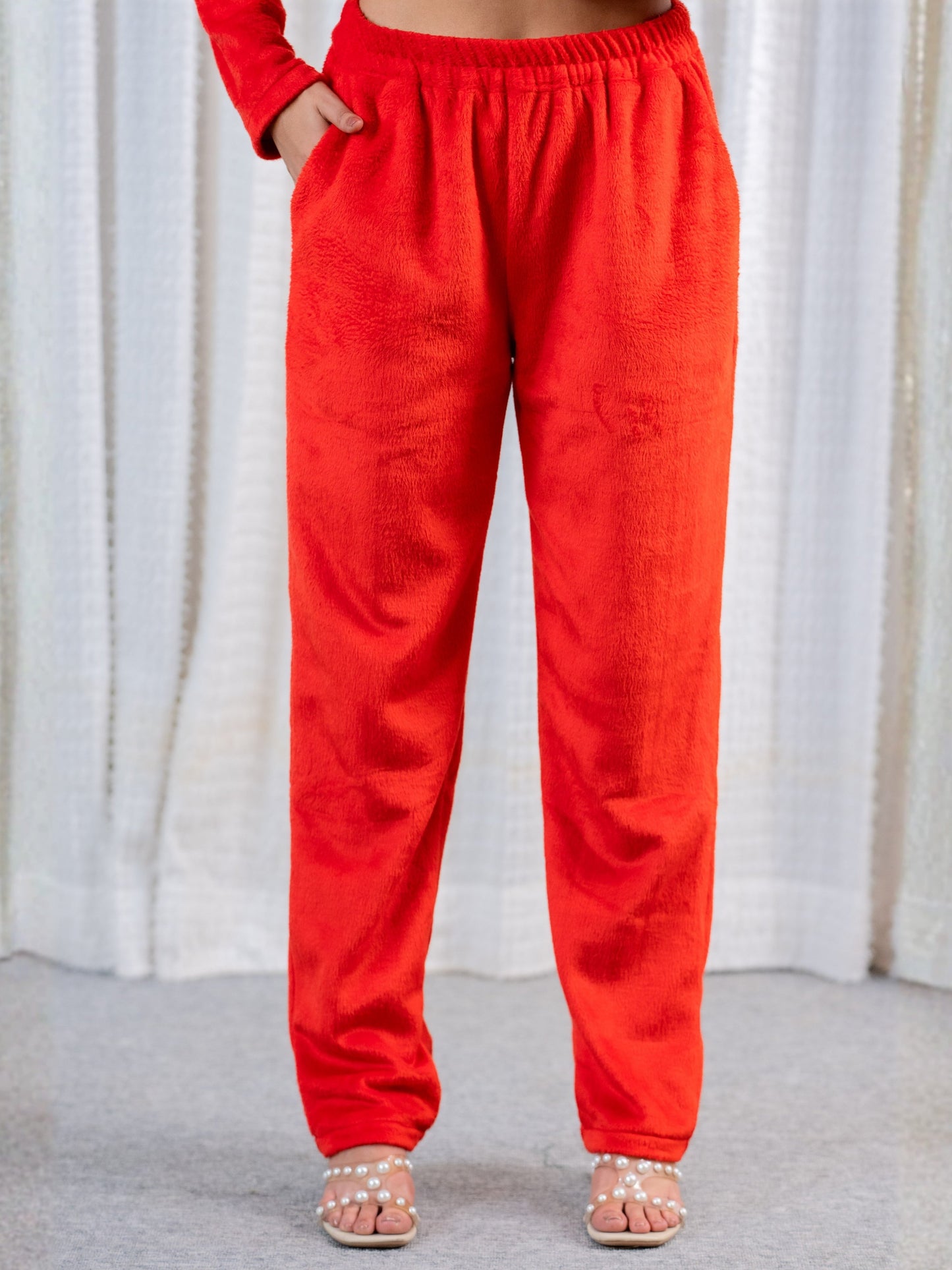V Neck Super Soft Red Woollen Lounge Wear Set