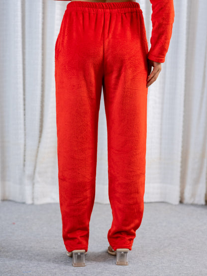 V Neck Super Soft Red Woollen Lounge Wear Set