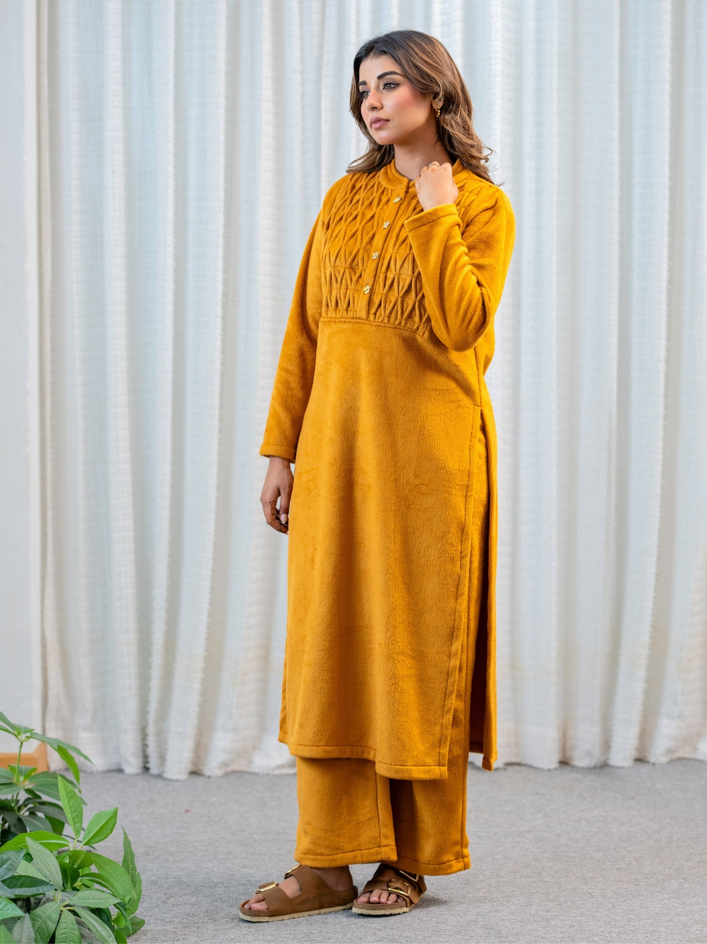 PinTuck Mustard Long Kurta Super Soft Woollen Set