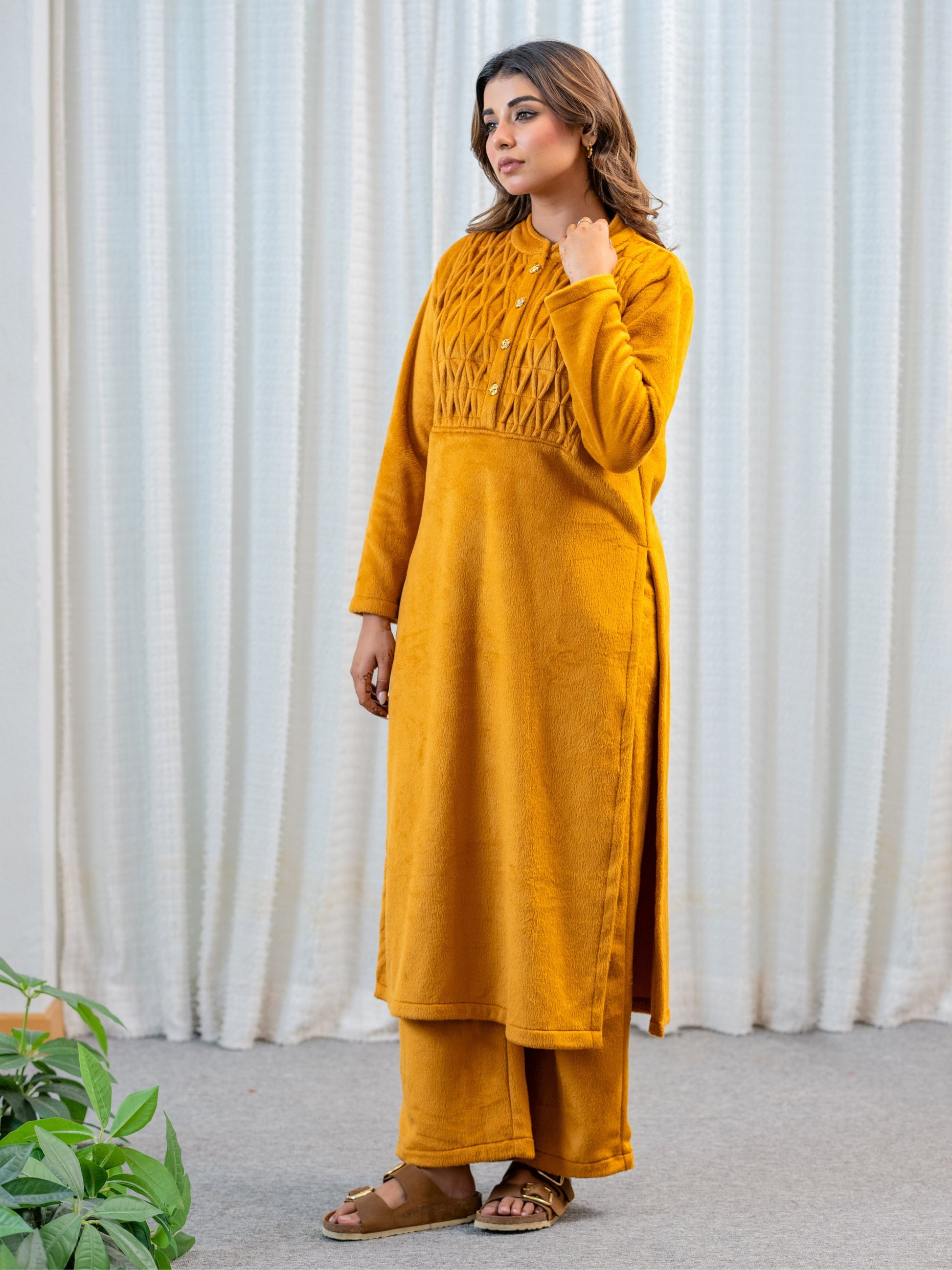 PinTuck Mustard Long Kurta Super Soft Woollen Set