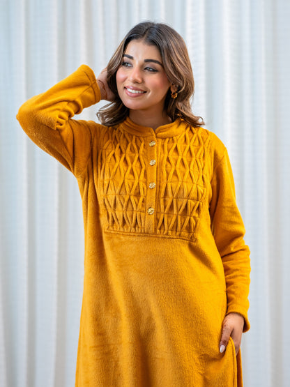 PinTuck Mustard Long Kurta Super Soft Woollen Set
