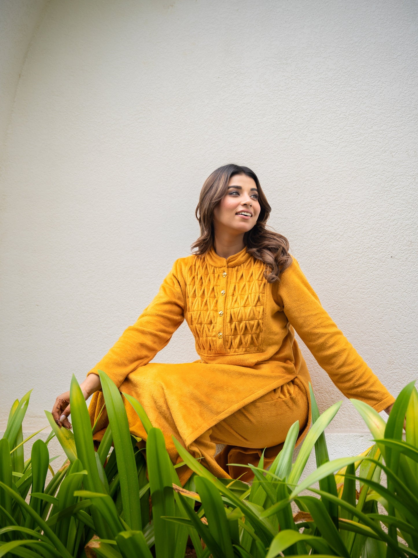 PinTuck Mustard Long Kurta Super Soft Woollen Set
