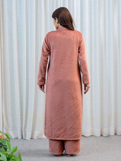 Super Soft Dusty Pink Pleated Long Kurta Woollen Set