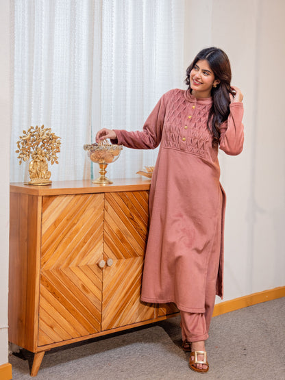 Super Soft Dusty Pink Pleated Long Kurta Woollen Set