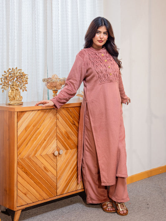 Super Soft Dusty Pink Pleated Long Kurta Woollen Set