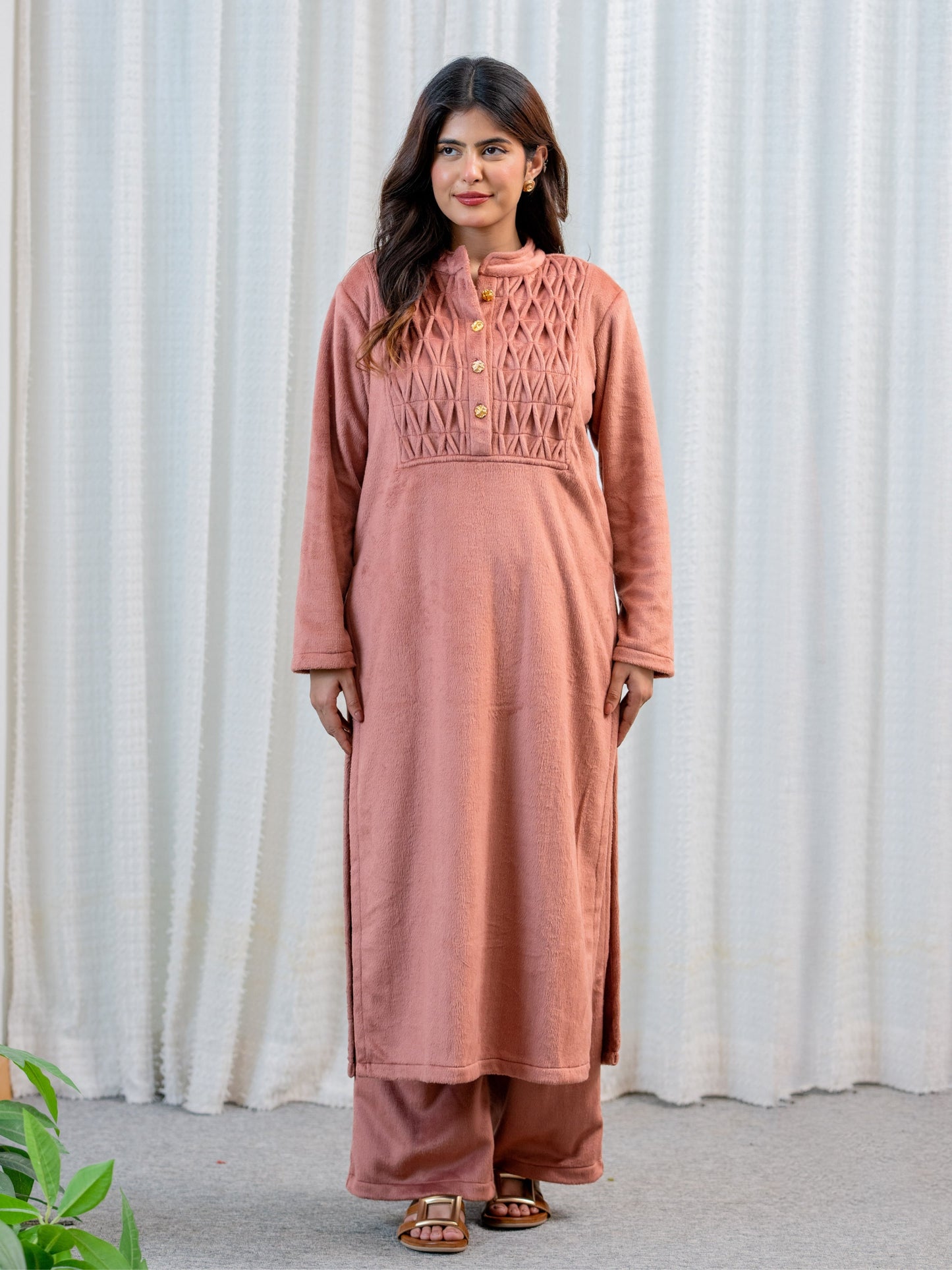 Super Soft Dusty Pink Pleated Long Kurta Woollen Set