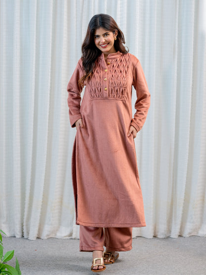 Super Soft Dusty Pink Pleated Long Kurta Woollen Set