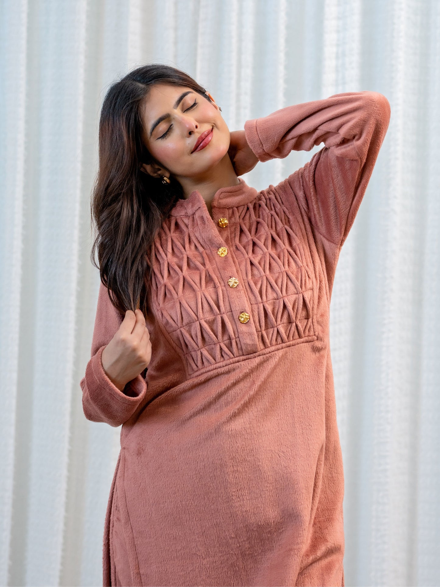 Super Soft Dusty Pink Pleated Long Kurta Woollen Set