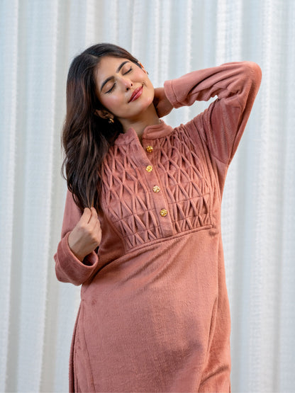 Super Soft Dusty Pink Pleated Long Kurta Woollen Set