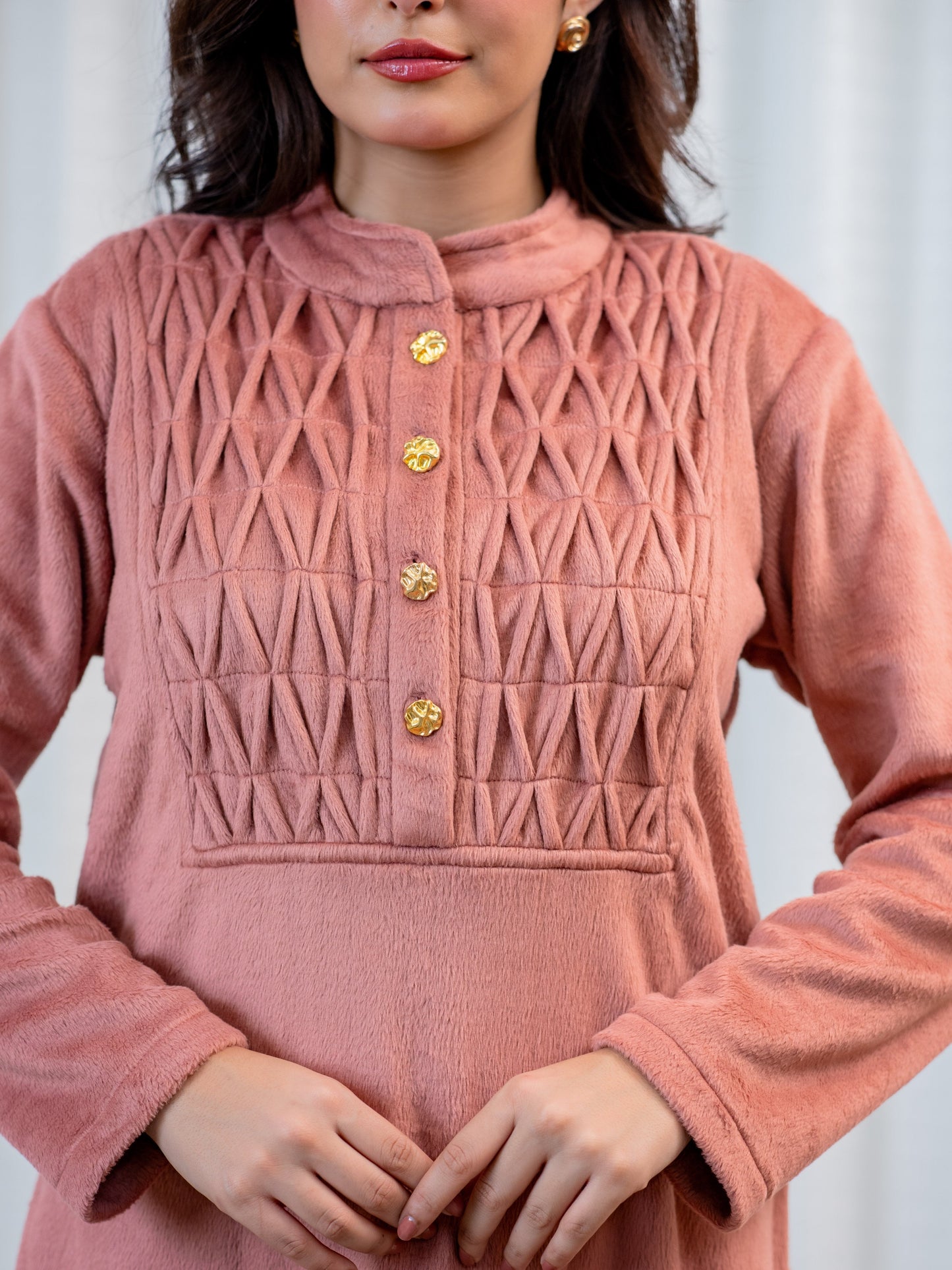 Super Soft Dusty Pink Pleated Long Kurta Woollen Set