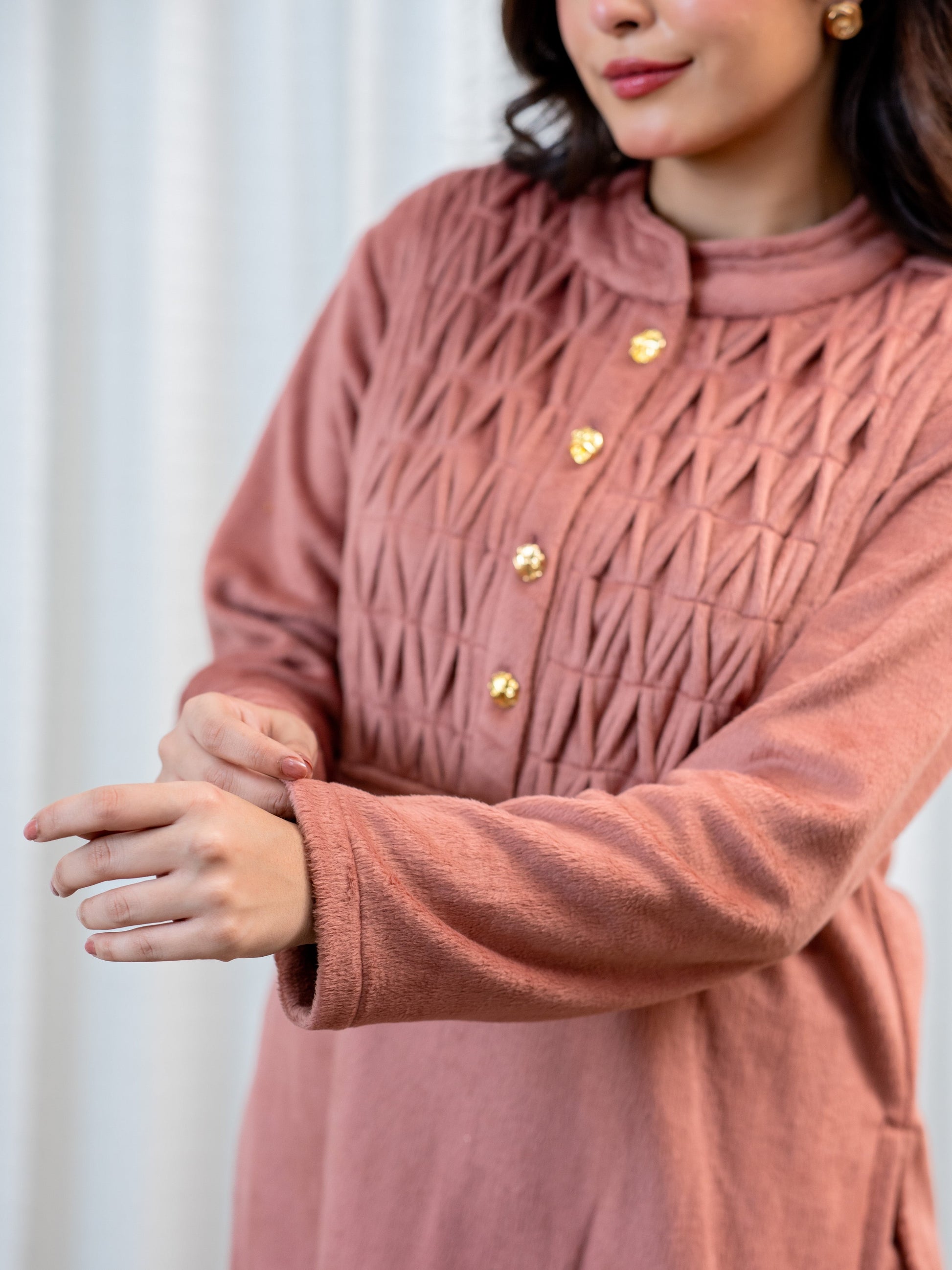 Super Soft Dusty Pink Pleated Long Kurta Woollen Set