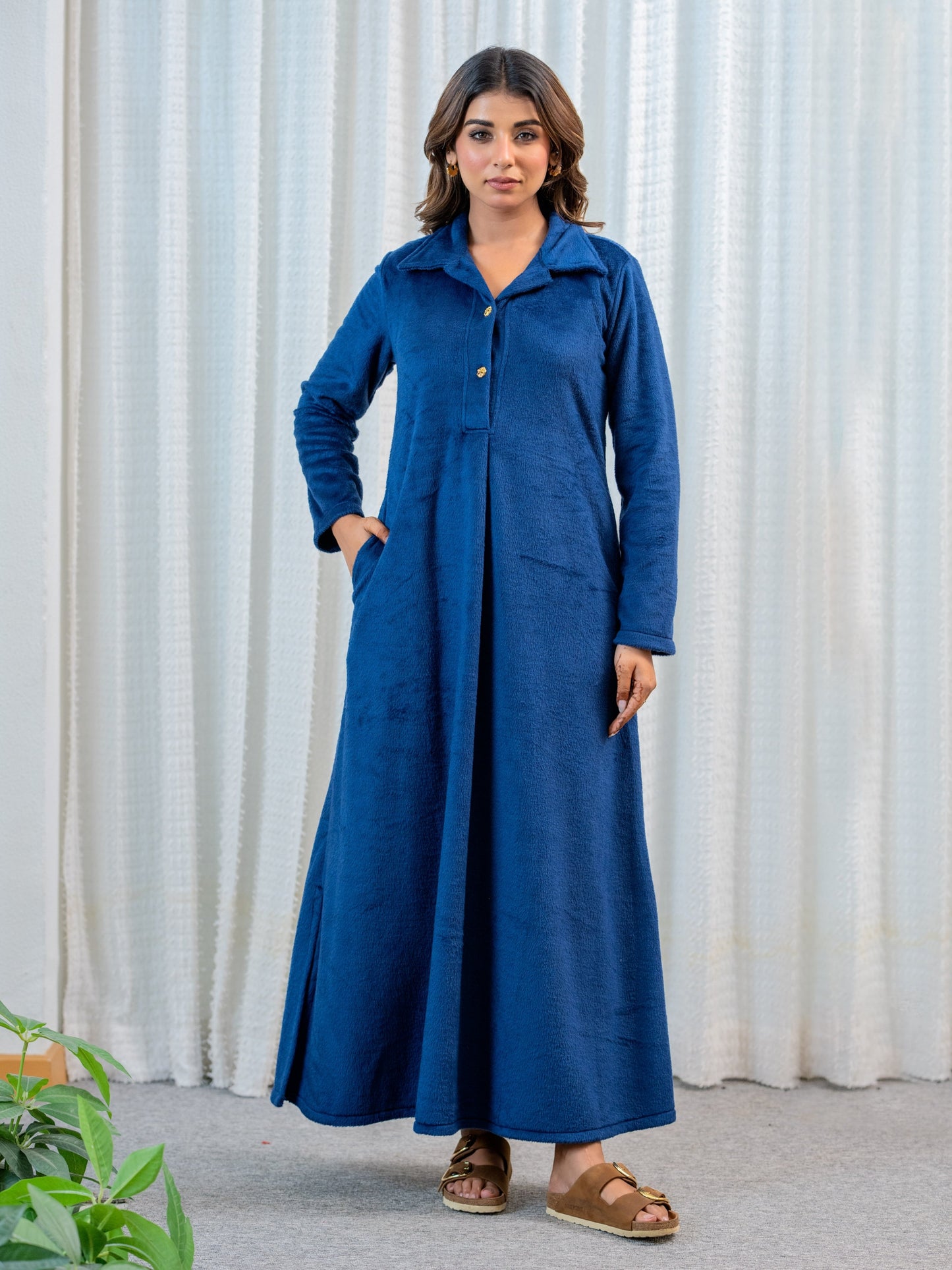 Super Soft Navy Blue Collared Woollen Maxi