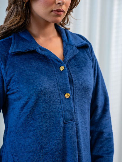 Super Soft Navy Blue Collared Woollen Maxi