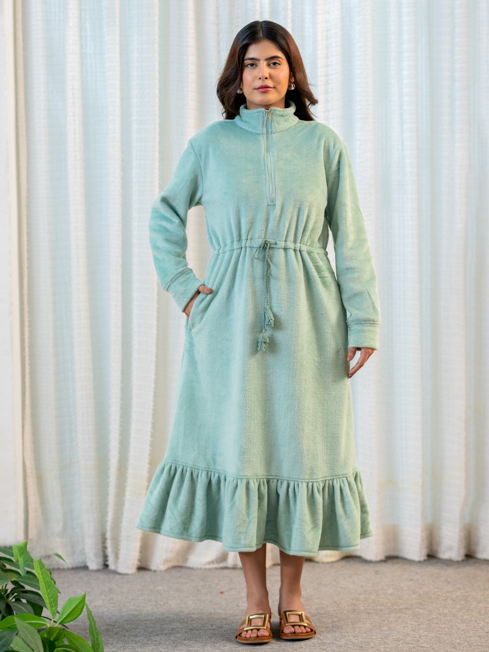 Half Zip Super Soft Torquoise Woollen Tie-up Midi Dress