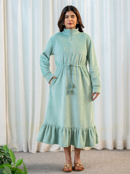 Half Zip Super Soft Torquoise Woollen Tie-up Midi Dress