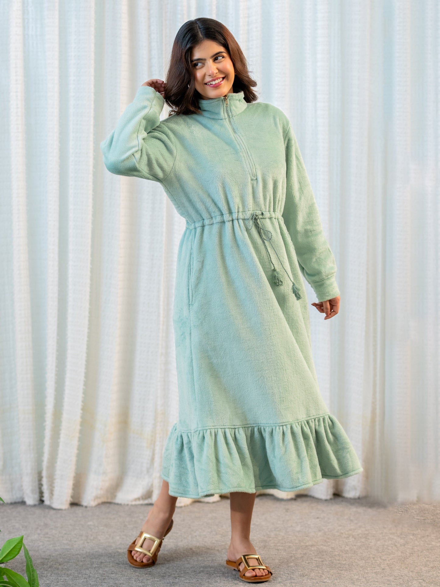 Half Zip Super Soft Torquoise Woollen Tie-up Midi Dress