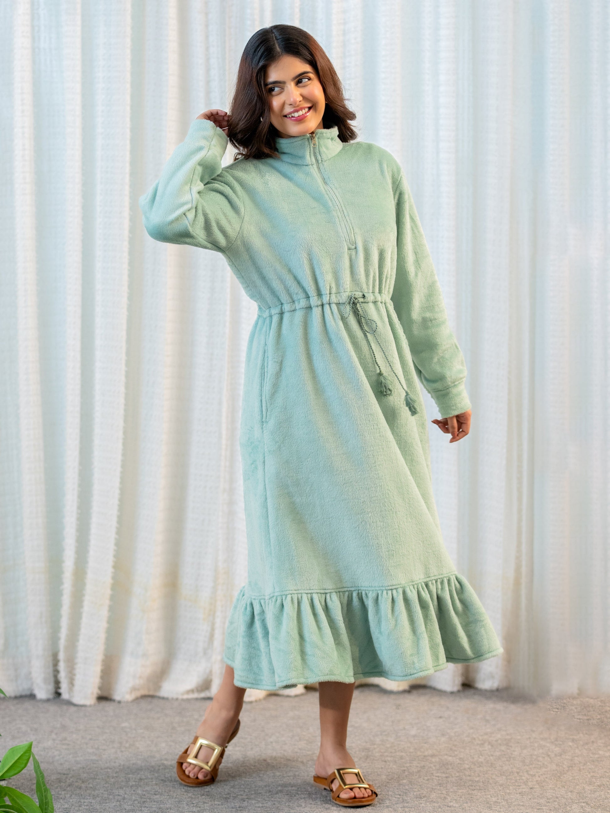 Half Zip Super Soft Torquoise Woollen Tie-up Midi Dress
