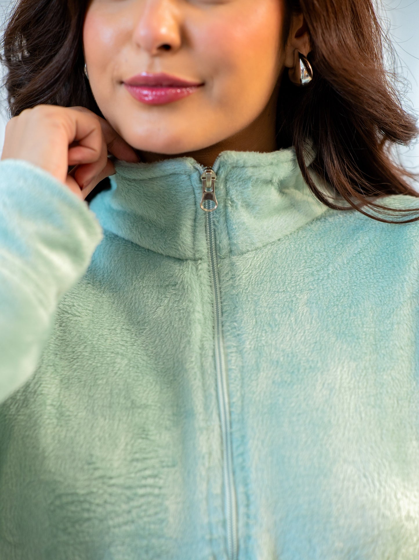 Half Zip Super Soft Torquoise Woollen Tie-up Midi Dress