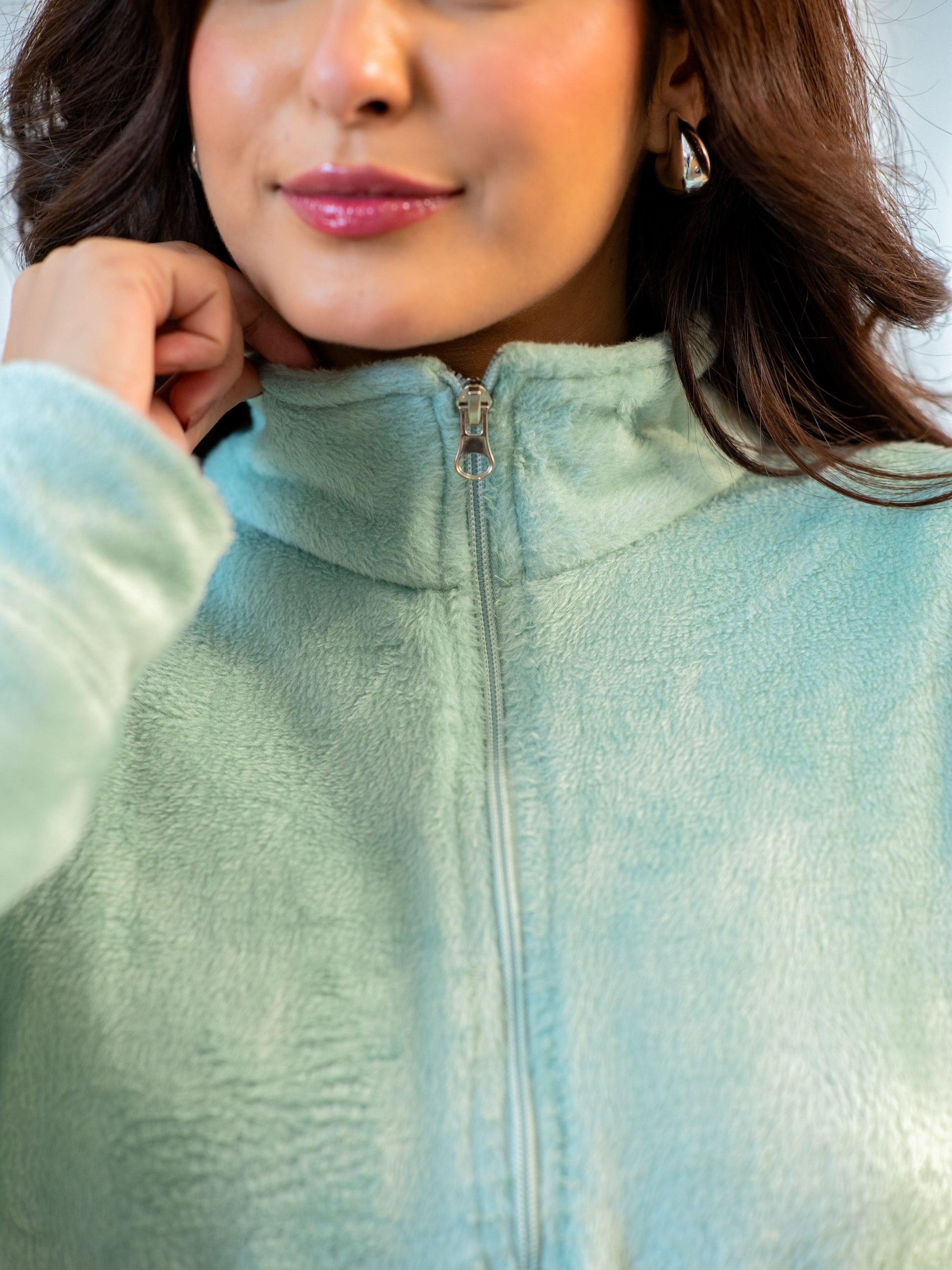 Half Zip Super Soft Torquoise Woollen Tie-up Midi Dress