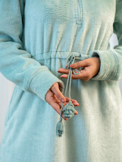 Half Zip Super Soft Torquoise Woollen Tie-up Midi Dress