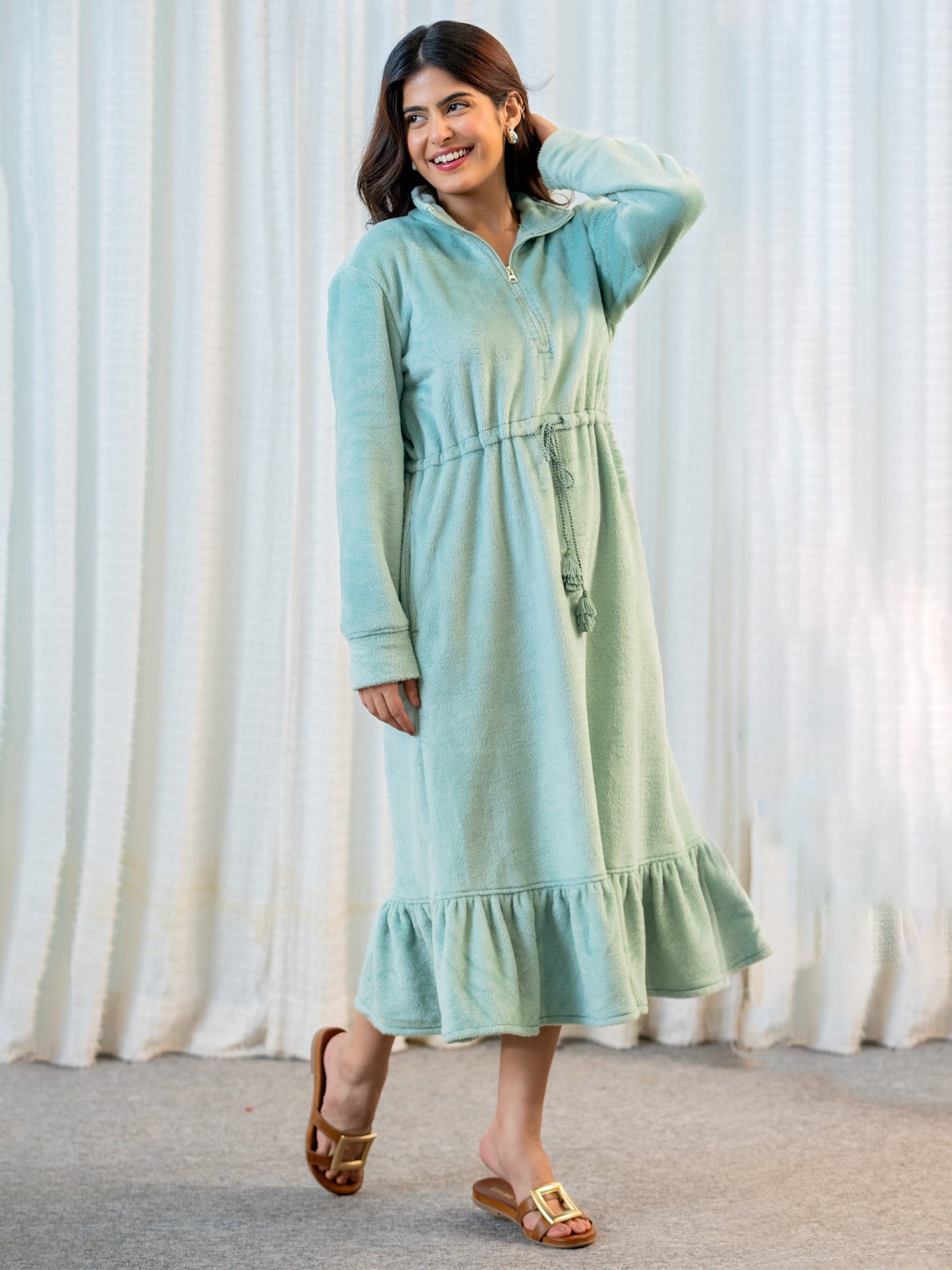 Half Zip Super Soft Torquoise Woollen Tie-up Midi Dress