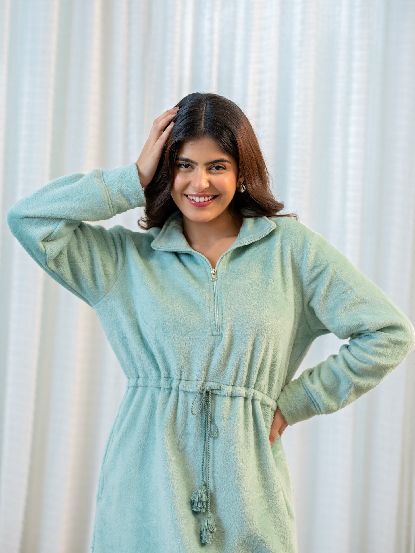 Half Zip Super Soft Torquoise Woollen Tie-up Midi Dress