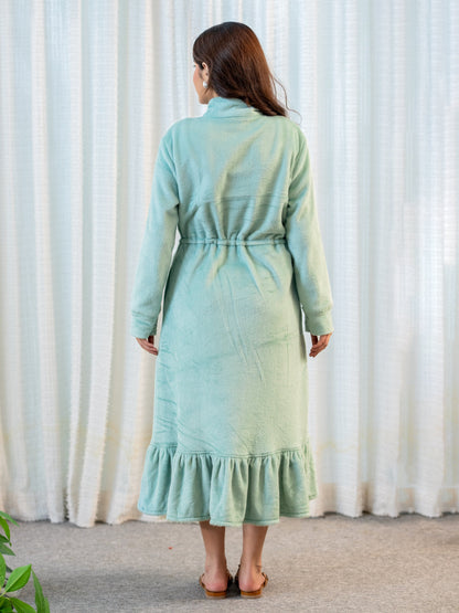 Half Zip Super Soft Torquoise Woollen Tie-up Midi Dress