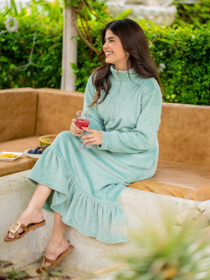 Half Zip Super Soft Torquoise Woollen Tie-up Midi Dress