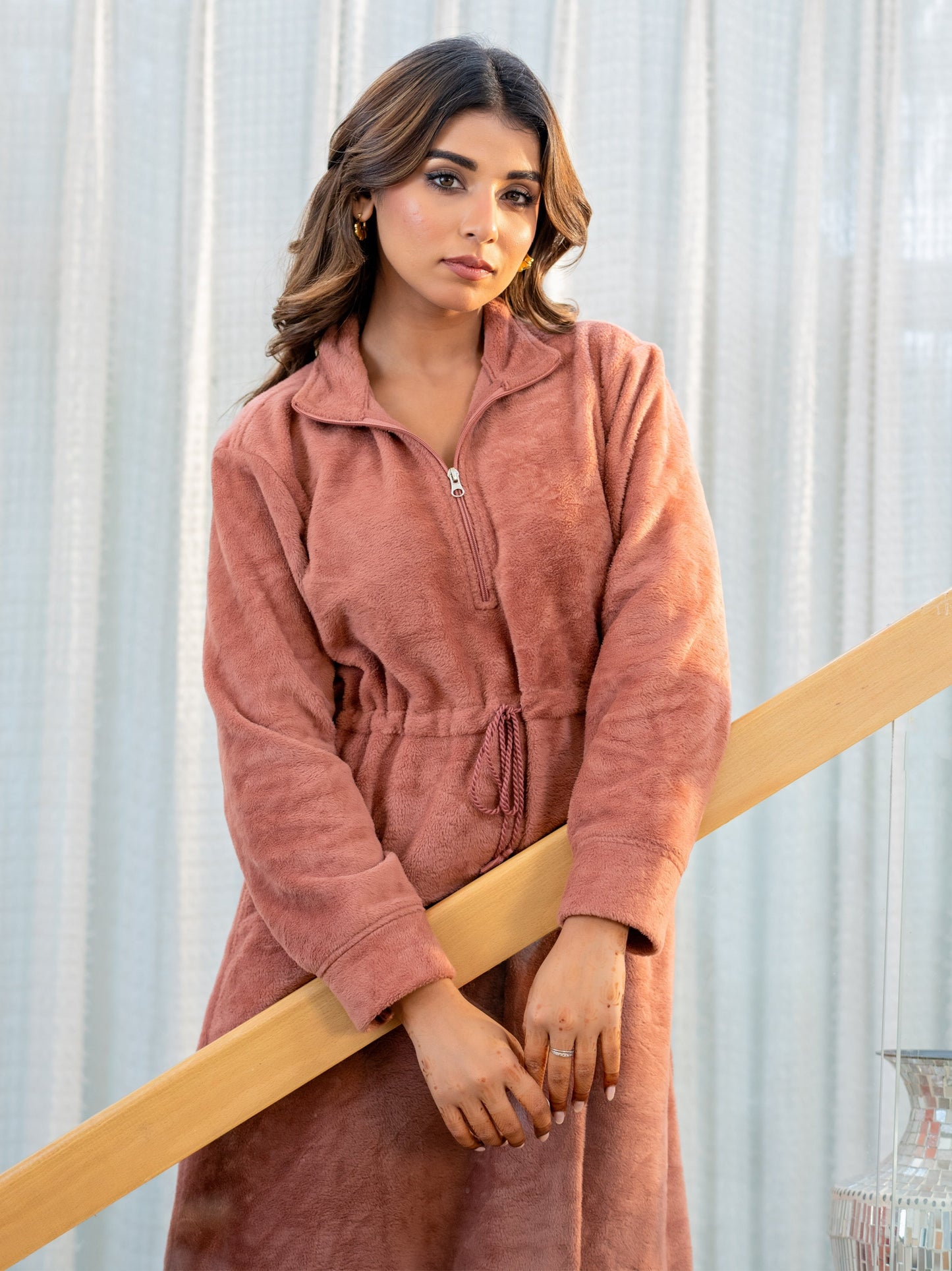 Half Zip Super Soft Dusty Pink Woollen Tie-up Midi Dress