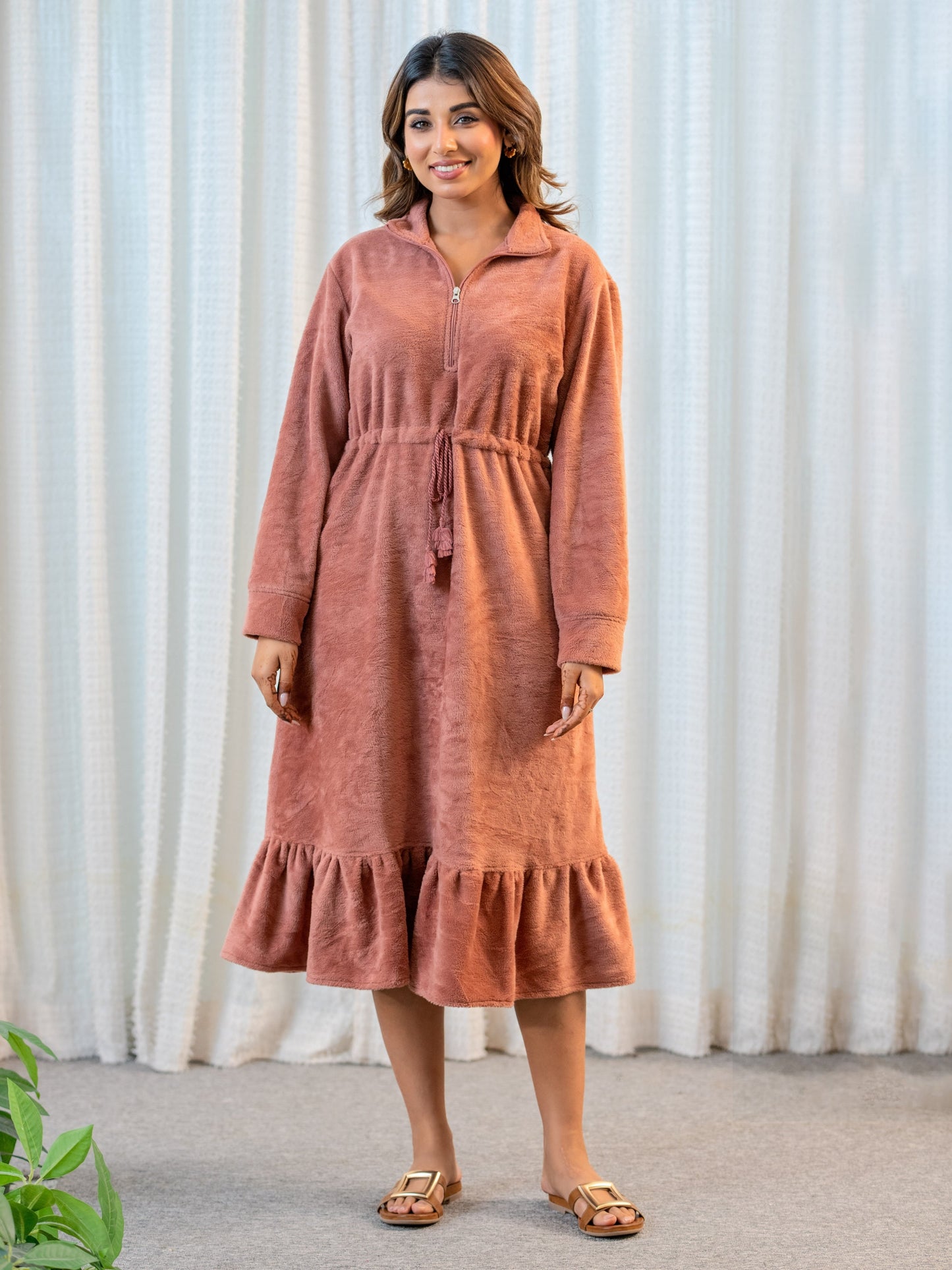 Half Zip Super Soft Dusty Pink Woollen Tie-up Midi Dress