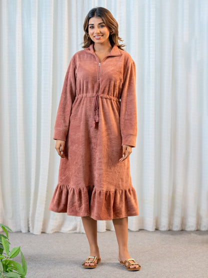 Half Zip Super Soft Dusty Pink Woollen Tie-up Midi Dress
