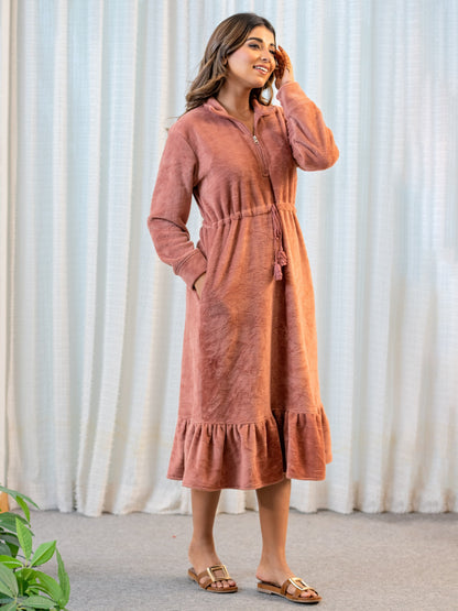 Half Zip Super Soft Dusty Pink Woollen Tie-up Midi Dress