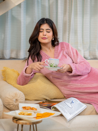 V Neck Super Soft Candy Pink Long Kurta woollen Set