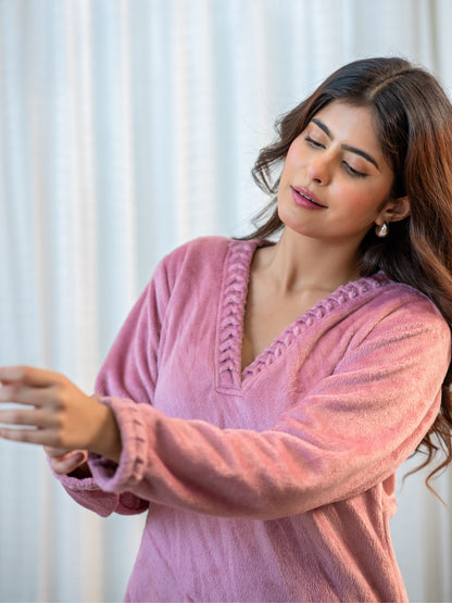 V Neck Super Soft Candy Pink Long Kurta woollen Set