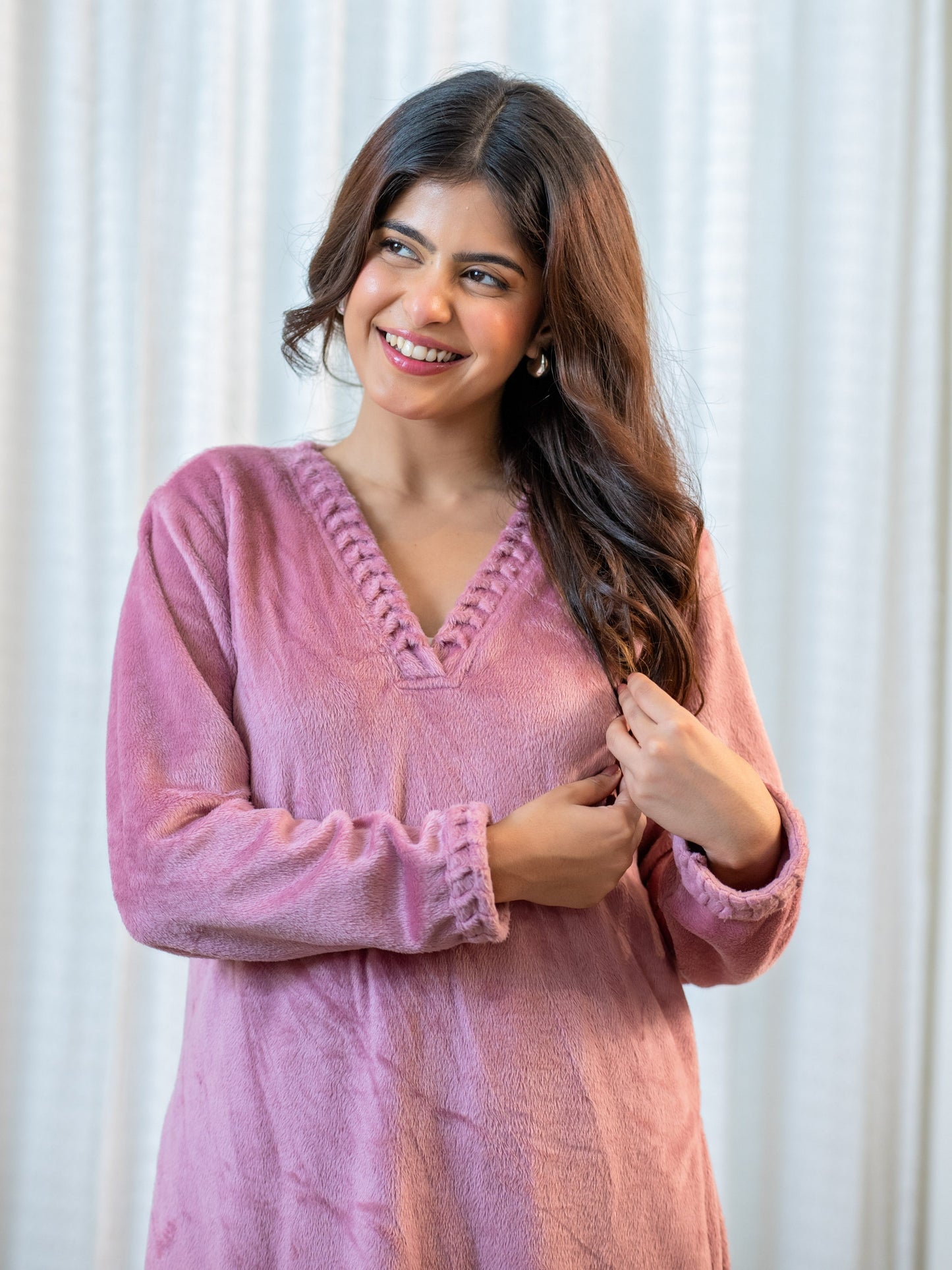 V Neck Super Soft Candy Pink Long Kurta woollen Set